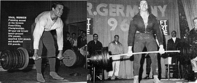 Арнольд Шварценеггер делает становую тягу с весом 317,5 кг. Он доказал, что "больше сила - больше мышцы"