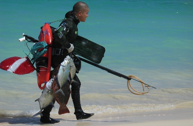 Man Carrying Spearfishing Gear
