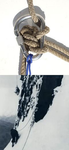Вверху: пример узла, не проходящего в карабин. Внизу: тело Тони Курца, висящее на страховке. Кадр из фильма Drama in der Eiger Nordwand