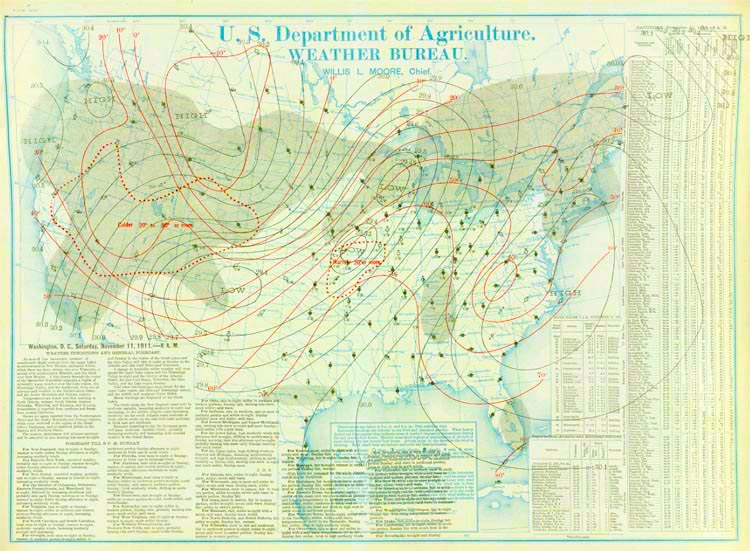 The U.S. Weather Bureau weather map for 8 am November 11, 1911.