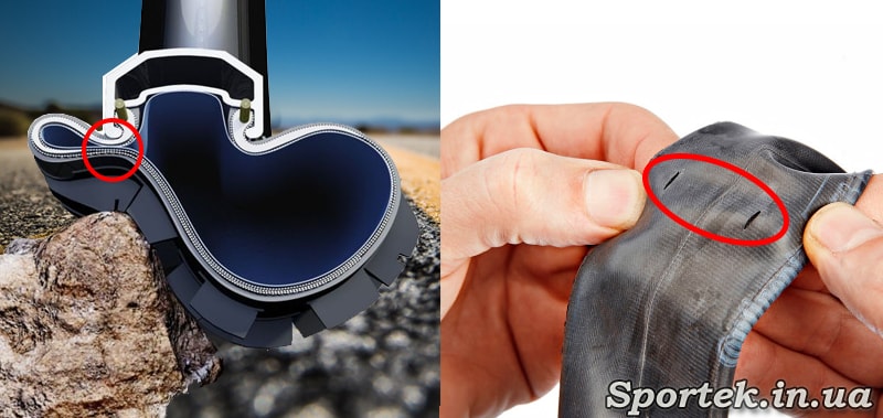 Пробой велосипедной камеры типа "змеиный укус"