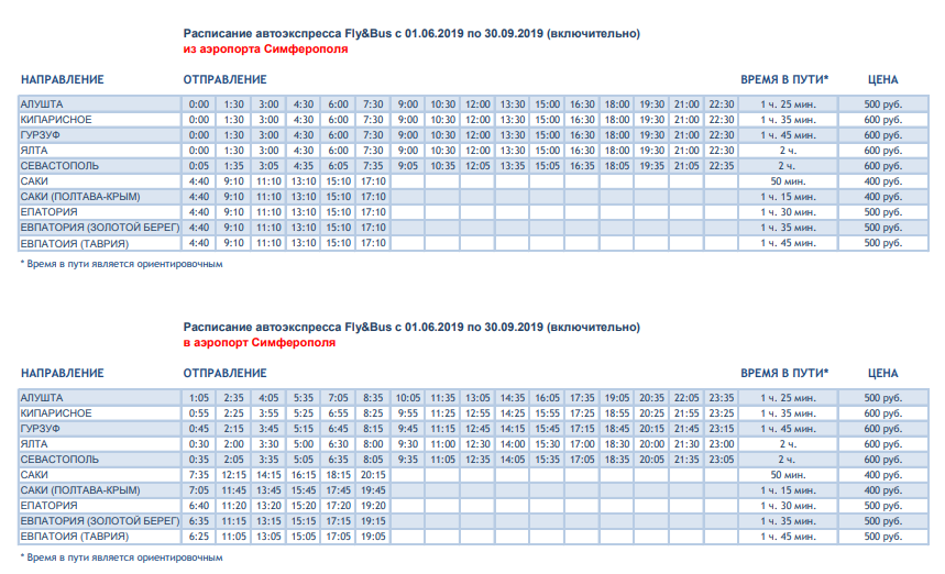 Расписание движения аэроэкспрессов Fly&Bus из аэропорта Симферополь и обратно с 01.06.2019 по 30.09.2019